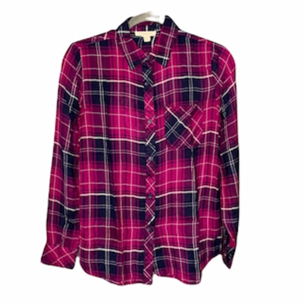 Beach Lunch‎ Lounge Pink Plaid Button Up Long Sleeve Blouse